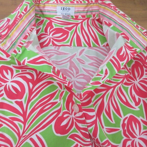 IZOD Stretch Blouse Sz Petite Large Button Front Hawaiian Tropical Print Cruise - Picture 6 of 9